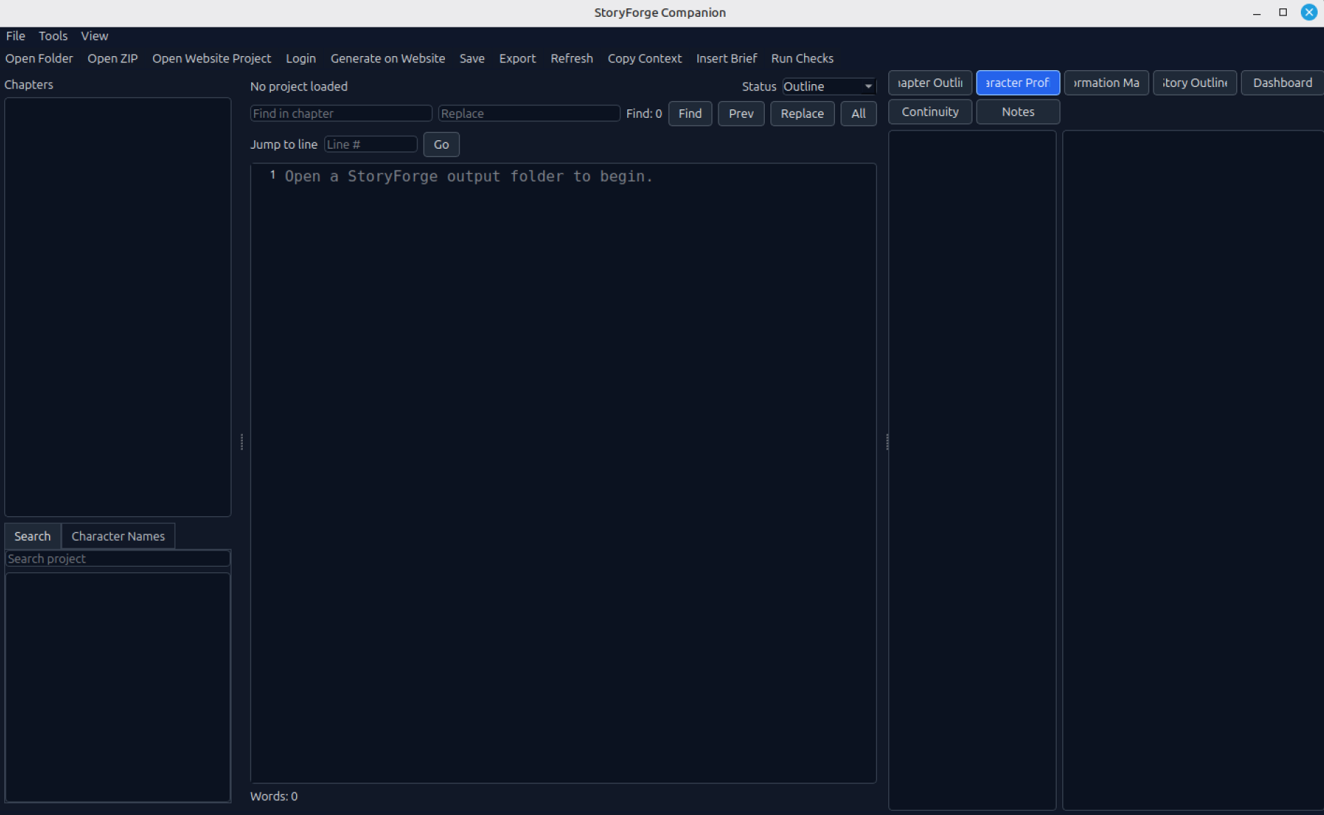 StoryForge Companion desktop app preview showing project navigation, chapter editing, and story context panels